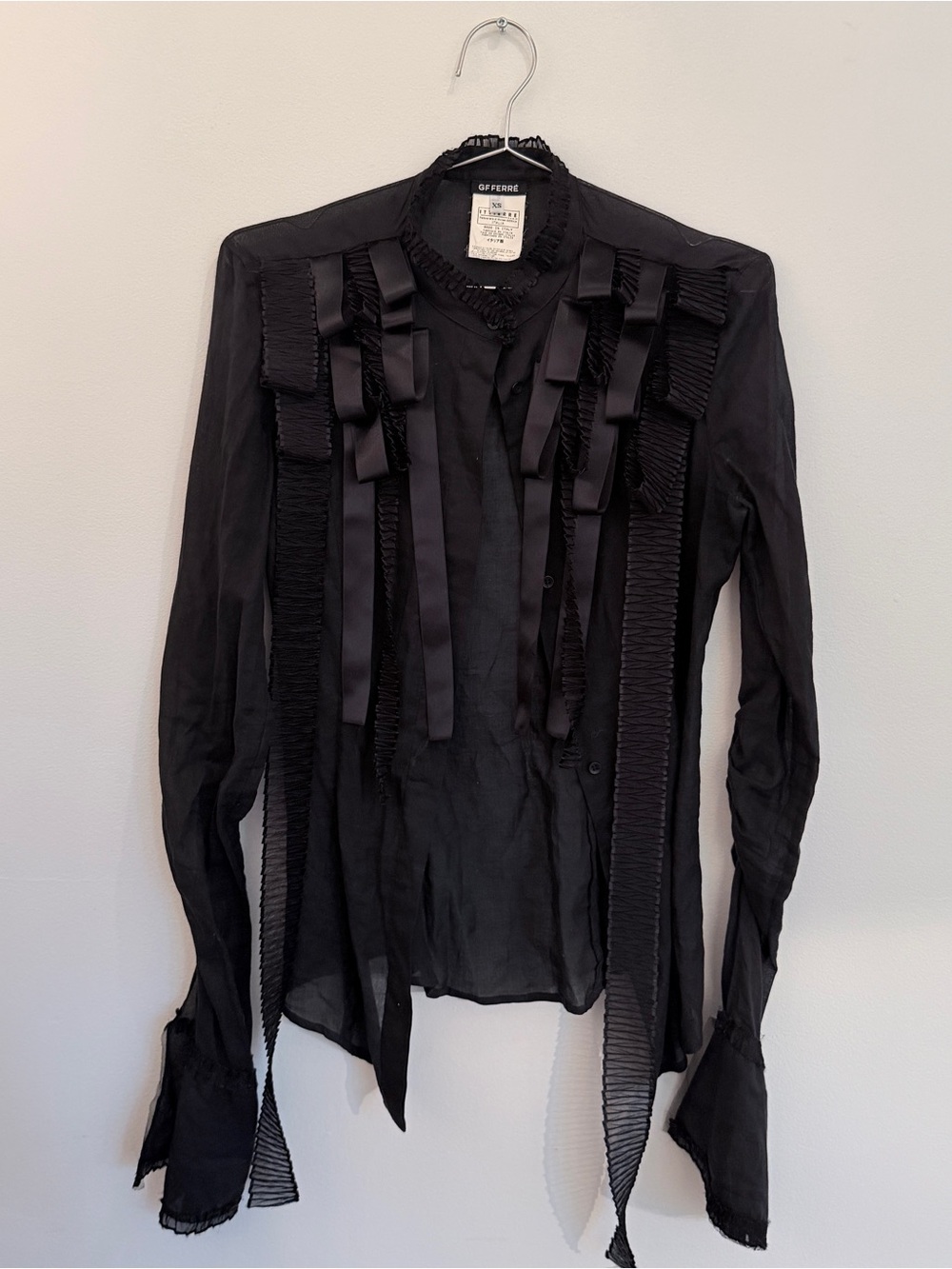 Gianfranco Ferre Black Ruffled Ribbon-Front Blouse - Picture 2 of 4